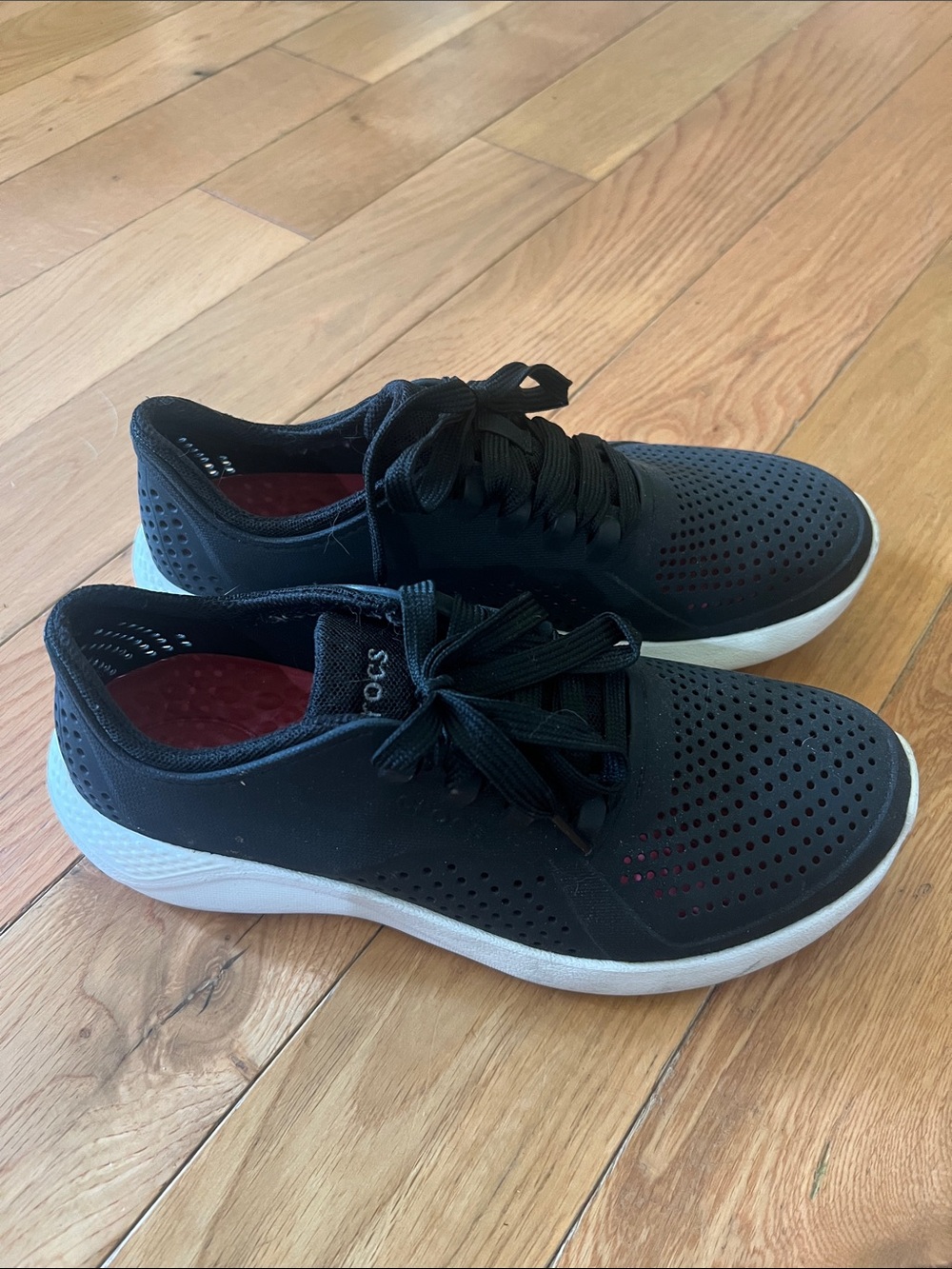 CROCS Black Perforated Lace-Up LiteRide Sneaker with White Sole